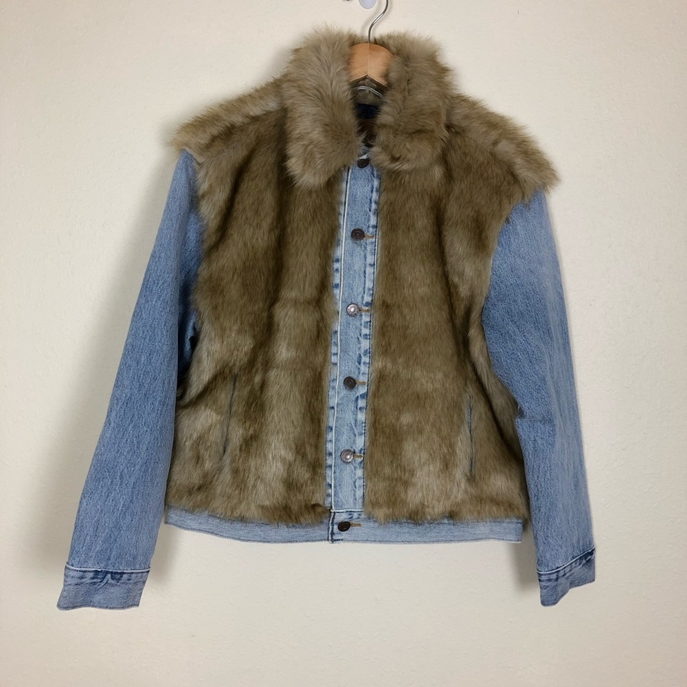 Levi's Light Blue Denim Jacket with Brown Faux Fur Vest Overlay